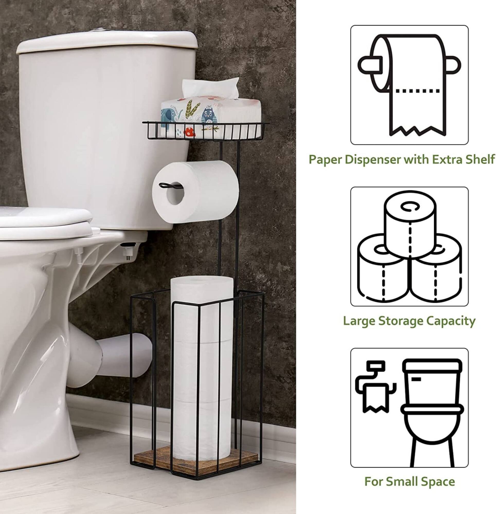 NEX™ 23.5" Black Freestanding Toilet Paper Holder with Shelf